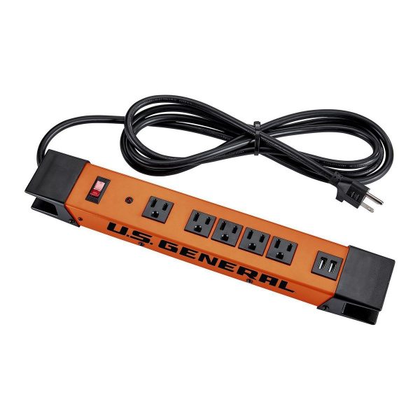 Regleta magnética de 5 salidas US GENERAL con carcasa metálica y 2 puertos USB, color naranja
