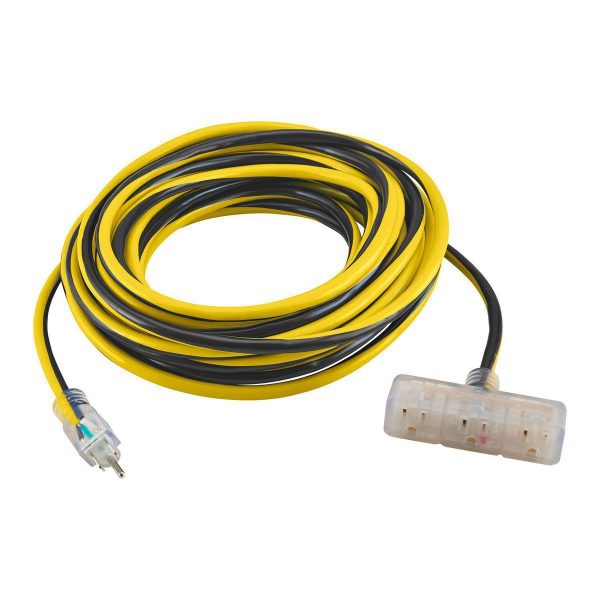 Cable de extensión de salida múltiple de calibre 12/3 de 50 pies con luz indicadora, amarillo/negro
