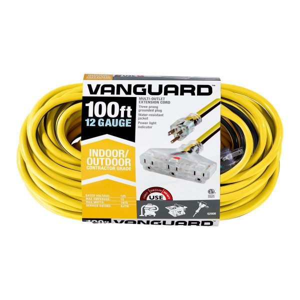 Cable de extensión de salida múltiple calibre 12/3 x 100 pies con luz indicadora, amarillo/negro